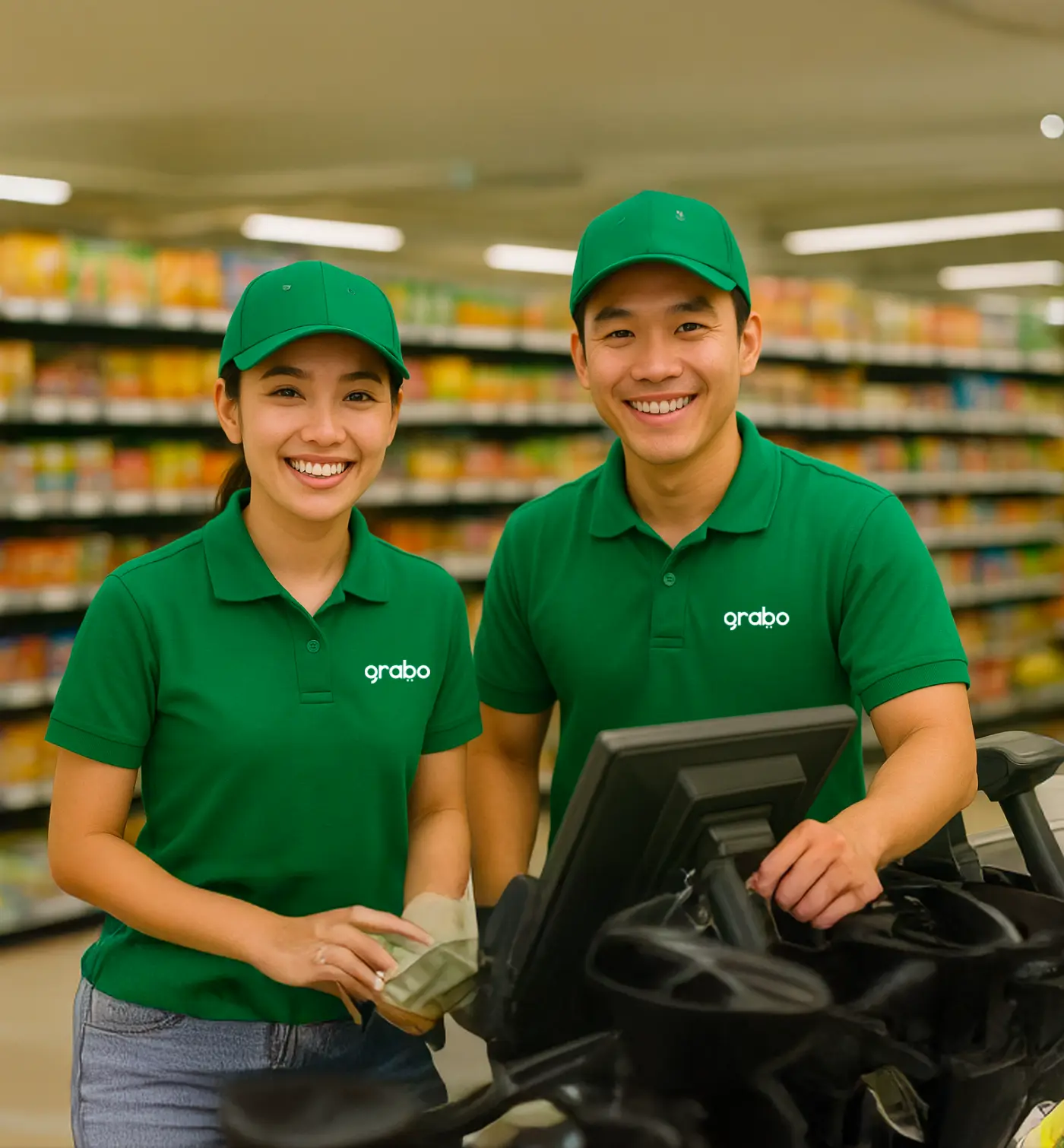 Friendly GRABO team members at the checkout counter ready to help