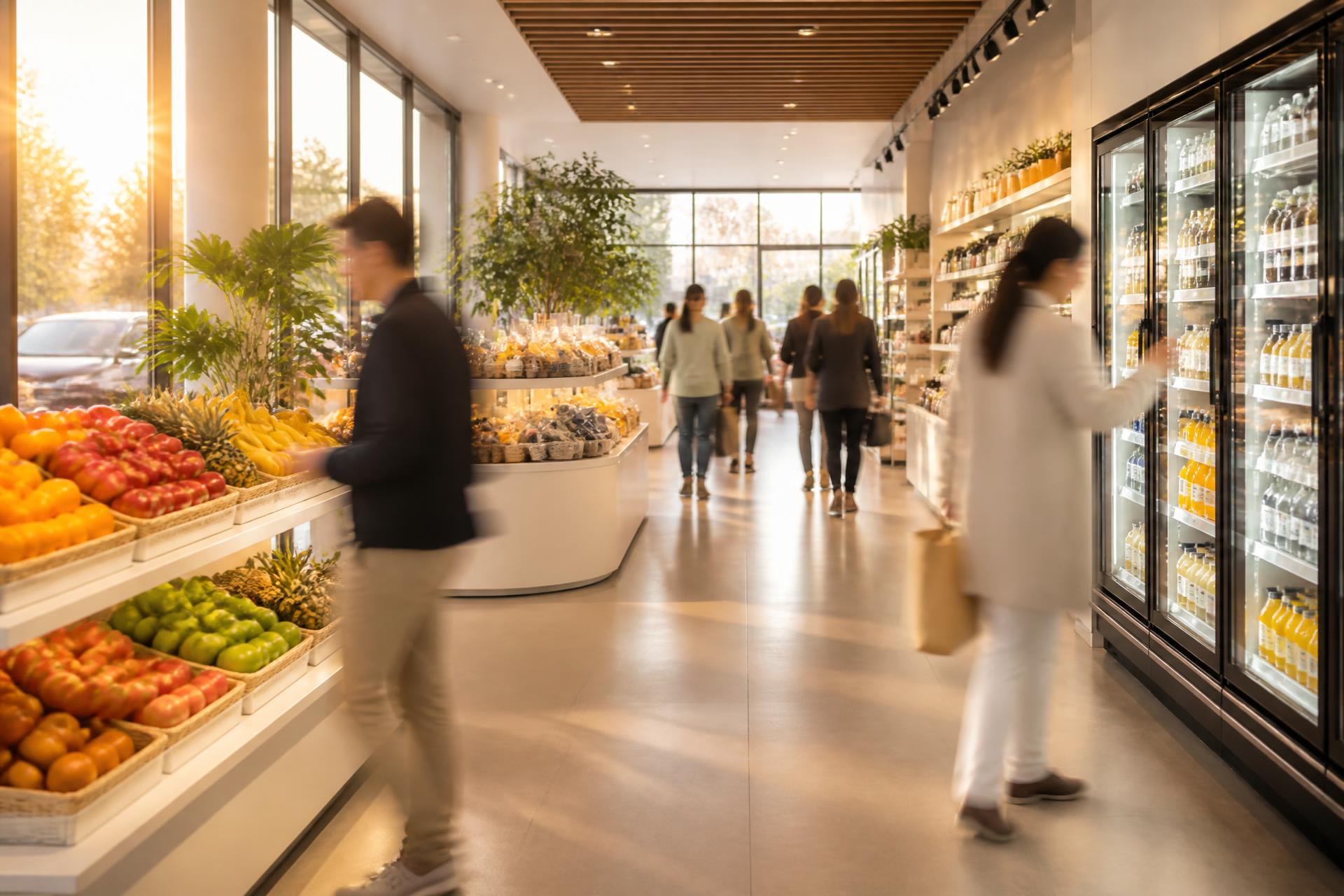 Bright modern GRABO convenience store interior with fresh produce and chilled drinks