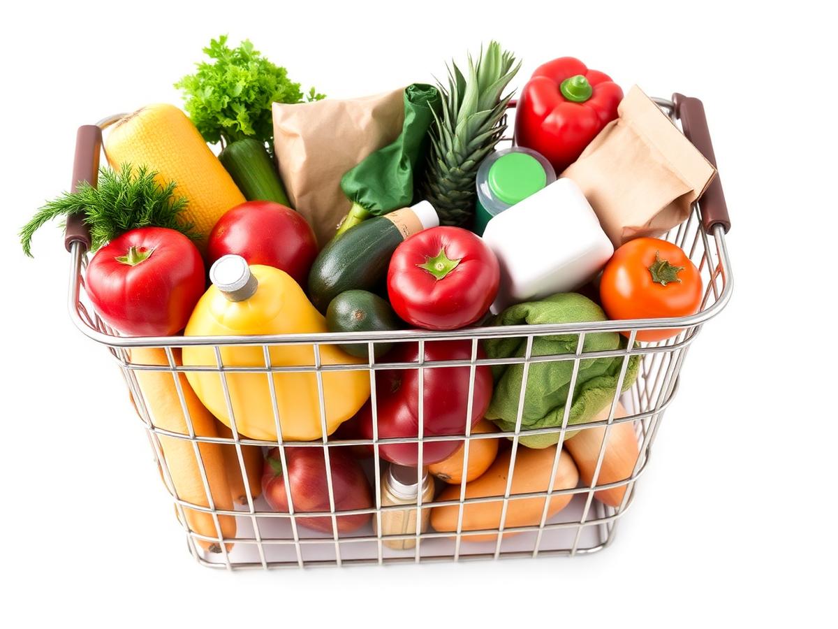 Shopping basket filled with GRABO groceries on offer